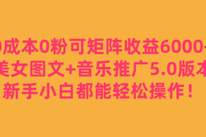 0成本0粉可矩阵月收益6000+，美女图文+音乐推广5.0版本，新手小白都能轻松操作！