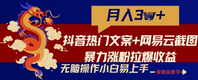 抖音热门文案+网易云截图暴力涨粉拉爆收益玩法，小白无脑操作，简单易上手【揭秘】-吾爱自习网