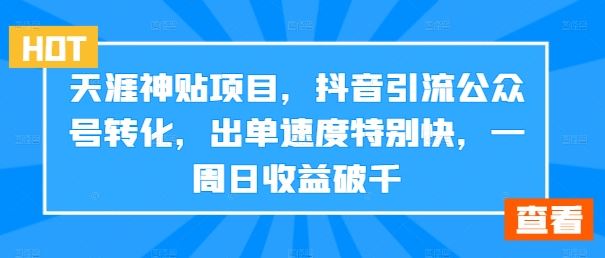 天涯神贴项目，抖音引流公众号转化，出单速度特别快，一周日收益破千-智慧宝库