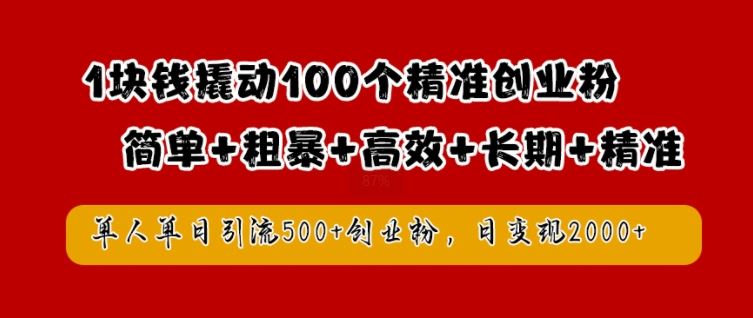 1块钱撬动100个精准创业粉，简单粗暴高效长期精准，单人单日引流500+创业粉，日变现2k【揭秘】