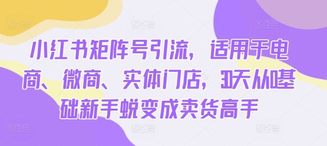 小红书矩阵号引流，适用于电商、微商、实体门店，30天从0基础新手蜕变成卖货高手