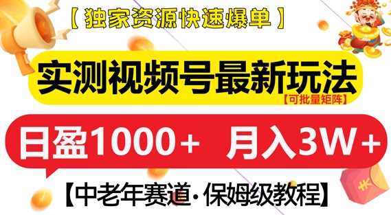 实测视频号最新玩法，中老年赛道，独家资源，月入过W+【揭秘】-富业网创