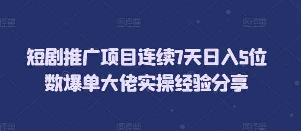 短剧推广项目连续7天日入5位数爆单大佬实操经验分享-大海创业网