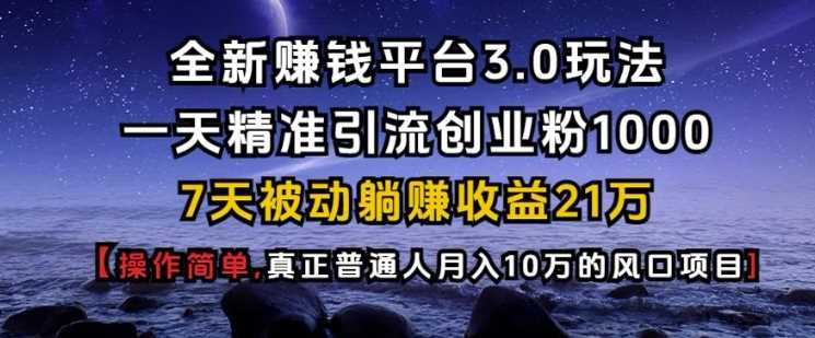 全新赚钱平台3.0玩法一天精准引流创业粉1000.7天被动躺Z收益21W【仅揭秘】-智慧宝库