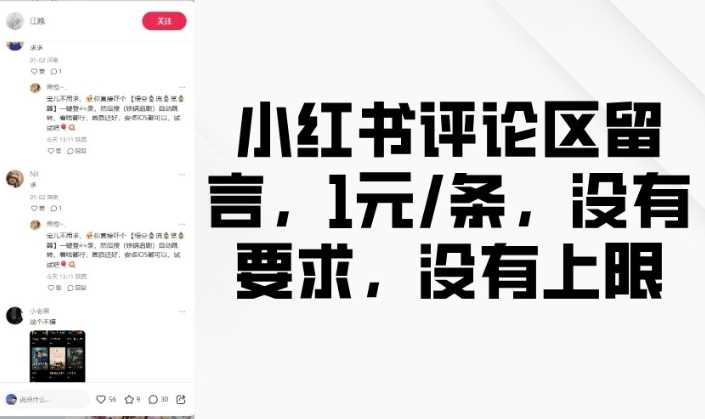 小红书评论区留言，1元条，没有要求，没有上限-富业网创