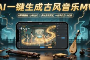 AI一键生成古风音乐MV，0剪辑基础1小时出片，多种变现渠道，一部手机月入5位数