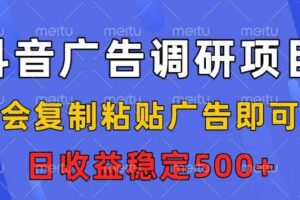 抖音广告调研项目,会复制粘贴广告即可,任务没有上限,日收益稳定5张【揭秘】