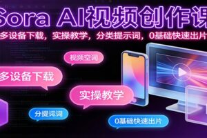 Sora AI视频创作课:多设备下载,实操教学,分类提示词,0基础快速出片